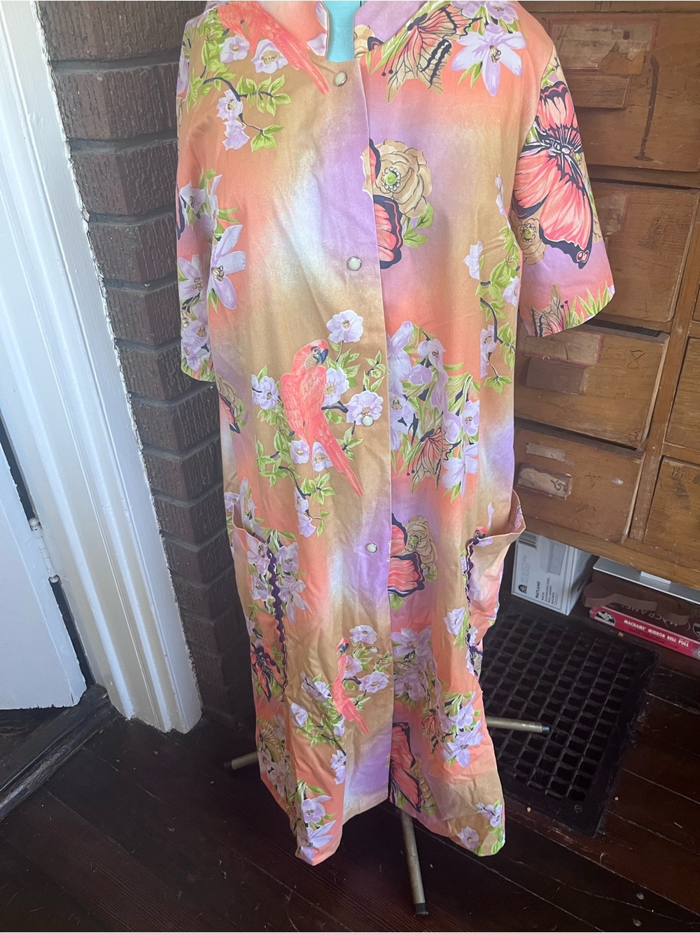 Vintage Floral & Butterfly Pastel Button Front housecoat Dress